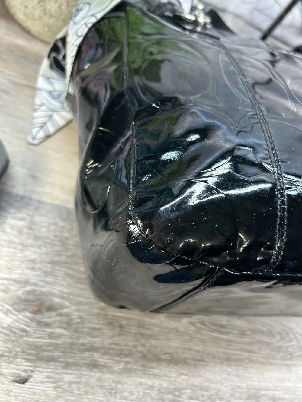 Coach black patent leather zip top tote bag